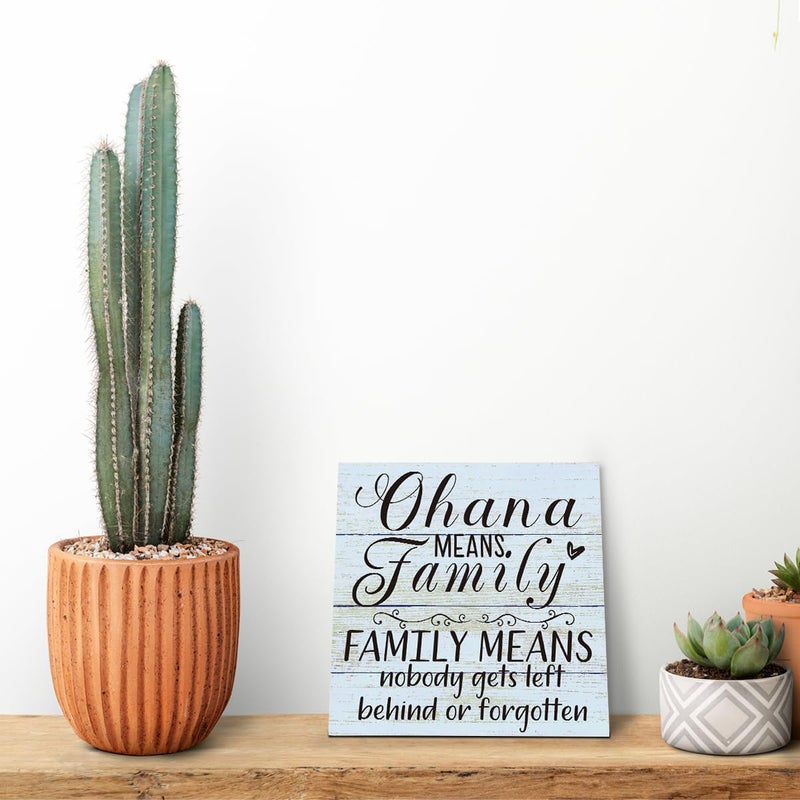 SUSZDOU Family Wooden Plaque, “Family Means Nobody Gets Left Behind or Forgotten”, 6.2x6.2 Inch Table Art Sign, Farmhouse Quote Decor for Living Room or Home Tabletop F - Image 5